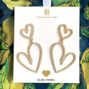 Brand New House of Harlow 1960 Glass Stone Heart Gold Tone Sparkly Drop Earrings
